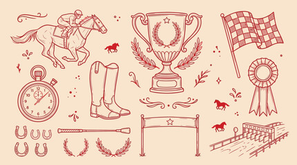 Collection of horse racing elements including jockey, horse, trophy, flag, stopwatch, and starting gates, hand-drawn style. © KN collection