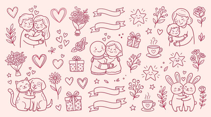 Obraz premium Cute Hand-Drawn Doodles Celebrating Love, Friendship, and Affection.