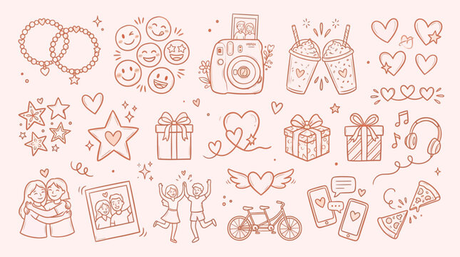 Collection of cute doodle icons representing love, friendship, and celebration, perfect for Valentine's Day or any joyful occasion.