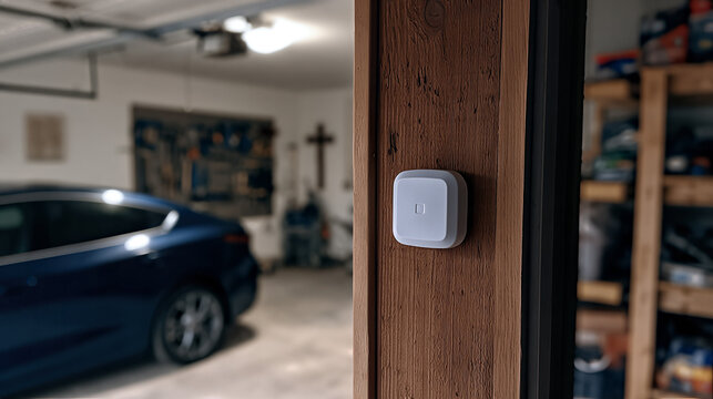 Garage interior with blue car, organized tools, and wooden shelving, featuring a white sensor on a wooden door frame.