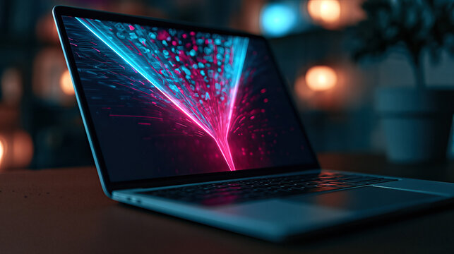 Vibrant Neon Digital Marketing Funnel on Laptop, Dark Ambiance, Creative Workspace Inspiration