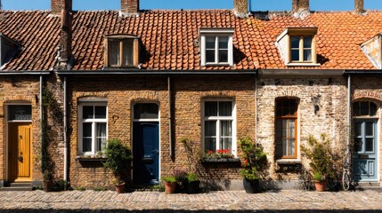 Obraz premium Historic brick terraced houses with colorful doors on cobblestone street