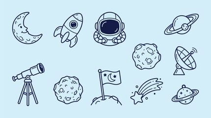 Cute cartoon space icons including a smiling moon, rocket, astronaut helmet, planets, telescope, and meteor. © KN collection
