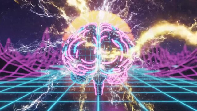Glowing wireframe brain in retro 80s digital landscape