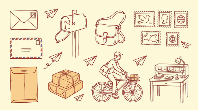 Hand-drawn illustration of postal service elements including a mail carrier on a bicycle, mailbox, envelopes, packages, and stamps.