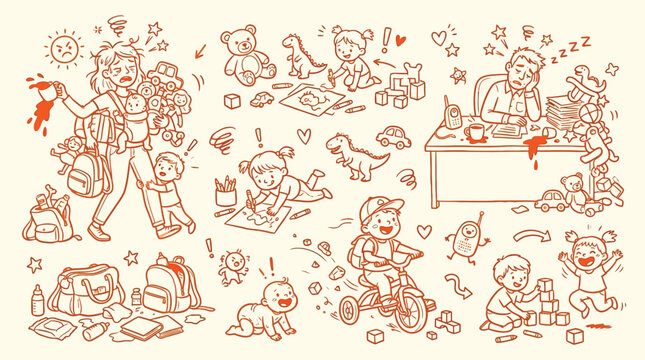 Illustrations depicting the chaos and joy of parenting, from a stressed mother juggling children and bags to a father overwhelmed at his desk, surrounded by toys and a messy room.