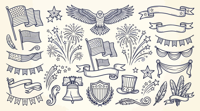 Hand-drawn collection of patriotic American symbols and elements, including flags, eagles, fireworks, and banners, in a vintage sketch style.