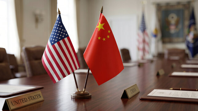 United States and China flags on meeting table for diplomatic discussion. International relations between global powers in economic trade talks. Negotiation board room in government office.