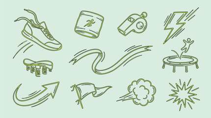 Fototapeta premium A collection of hand-drawn doodle icons representing various sports and movement concepts, including running, jumping, speed, and competition elements.