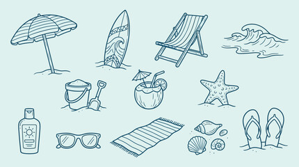 A collection of hand-drawn beach and summer vacation icons including an umbrella, surfboard, chair, waves, sand toys, coconut drink, starfish, sunscreen, sunglasses, towel, seashells, and flip-flops. © KN collection