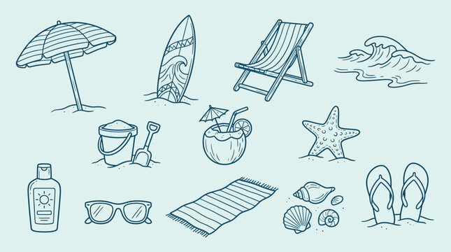 A collection of hand-drawn beach and summer vacation icons including an umbrella, surfboard, chair, waves, sand toys, coconut drink, starfish, sunscreen, sunglasses, towel, seashells, and flip-flops.