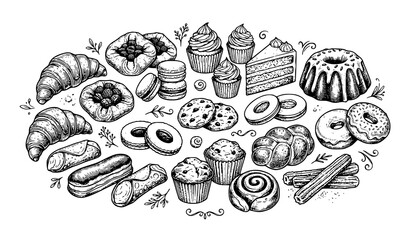 Obraz premium Hand Drawn Vintage Dessert and Pastry Bakery Vector Illustration Set