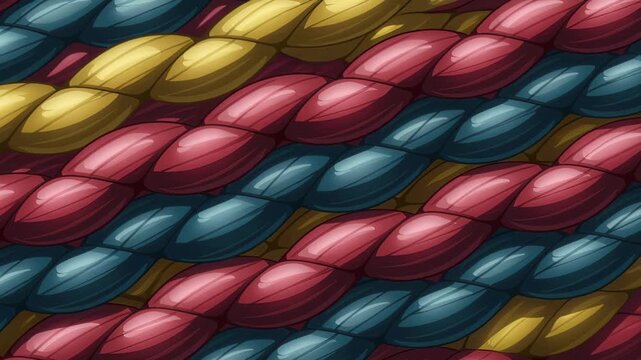 Colorful Knit Fabric: a close-up, intricate pattern of knitted yarn, each strand interwoven to create a tapestry of vibrant hues and textures, with layers of color.