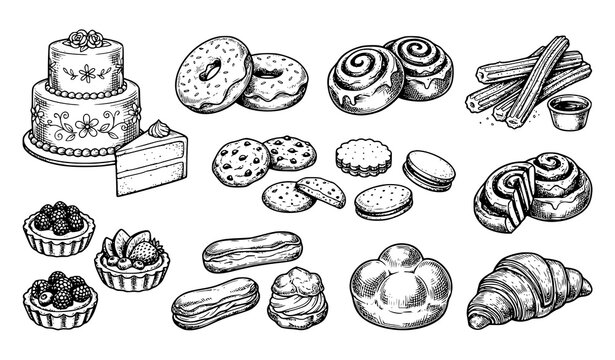 Artisan Pastry and Sweet Dessert Vintage Sketch Vector Collection