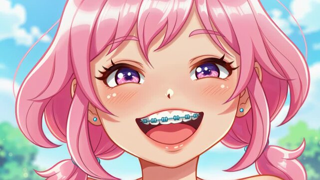 Radiant Smile: A cheerful girl with pink hair and sparkling eyes. She is wearing braces which can imply dental care or self-confidence and self-care.