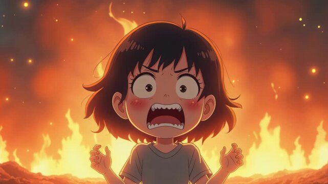 Expressive Fire: A young person's face etched with a look of extreme emotion, possibly anger, in front of a backdrop of raging flames. A powerful expression of intense feeling