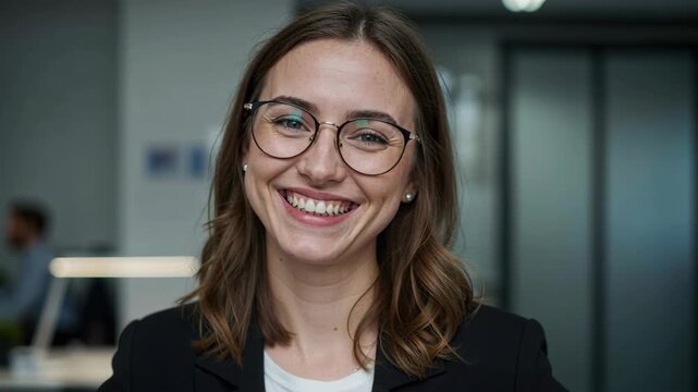 Professional's Radiant Gaze: A confident, professional woman with glasses beams a warm smile, exuding approachability and charm. The shot offers a window into the world of competence and assurance.