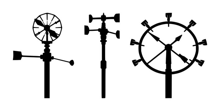 Anemometer set with solid black silhouette on white background featuring wind gauge, weather station symbol, clean outlines with vector graphic and illustration