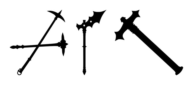 Medieval mace set with solid black silhouette on white background, high contrast featuring historical weaponry, spikes, graphic design with metal and battlefield