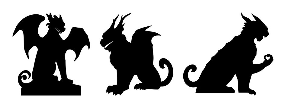 Stone gargoyle set with solid black silhouette of a stone gargoyle perched on gothic architecture against white background featuring gothic architecture, sharp pose, stone texture and white background