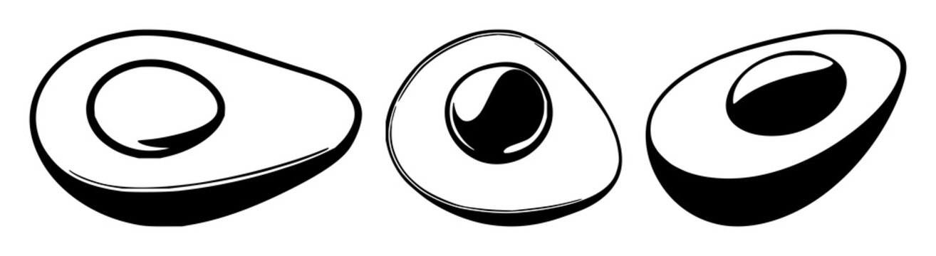 Avocado set with a sliced representation and pit in solid black lines featuring healthy lifestyle icon, minimal line art, vector illustration with black and white and single focus