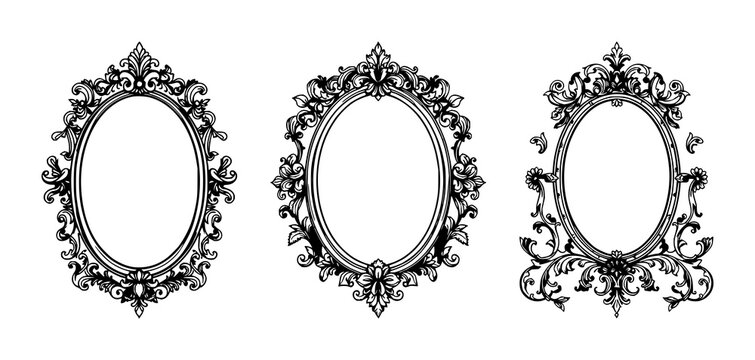 Vanity mirror set with ornate Victorian line art featuring floral scrollwork, elegant frame, black ink with white background and illustration.