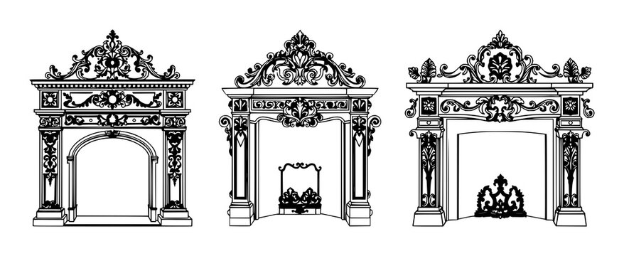 Fireplace mantel set with ornate Victorian line art featuring decorative flourishes, detailed engraving, architectural elements with historical design and elegant patterns