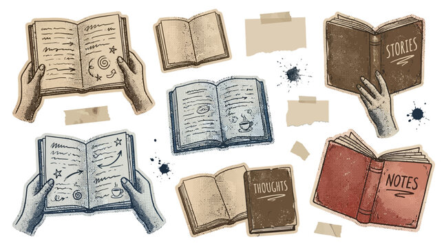 Collection of vintage style illustrations of hands holding and reading books with notes
