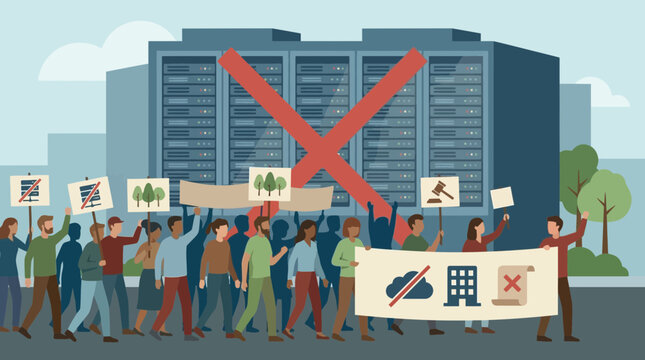 People protesting against data center or server farm with signs and banners