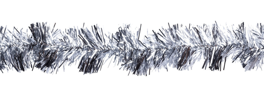 Close up detailed view of shiny silver metallic tinsel garland strand perfect for winter holiday decorating&nbsp;