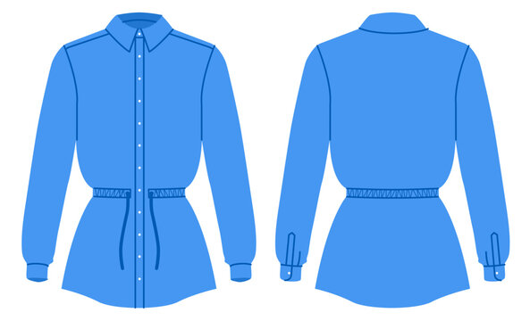 Blue shirt dress with drawstring waist, button closure long sleeves creating adjustable fitted silhouette relaxed upper shape. Technical fashion illustration in flat color, front back views. Vector
