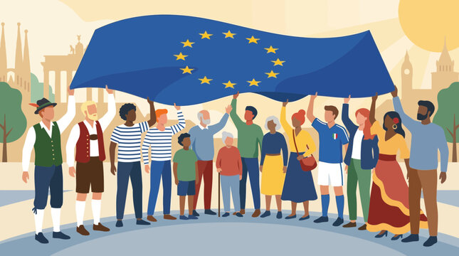 Diverse group of people holding european union flag together in unity and solidarity outdoors
