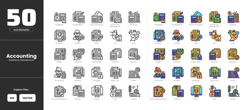Accounting icon set collection - colored outline line art style. Budgeting bookkeeping cloud computing accounting  management revenue analytic auditor audit tax loan ledger schedule report safe