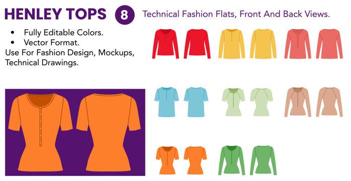 Henley Tops set with editable technical fashion flats, front and back views, color versions, partial button plackets and casual fitted silhouettes. Vector illustration