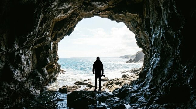 Silhouette of a person standing in a cave opening overlooking the ocean and horizon.