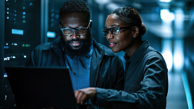 Two Engineers Collaborating in a High-Tech Data Center, Analyzing Laptop Data Amidst Glowing Server Racks