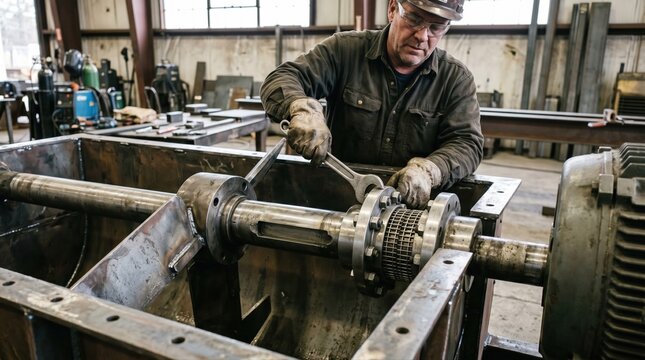Closeup medium shot of paddle mixer construction focusing on agitator alignment and shaft coupling during heavyduty mixing equipment assembly.