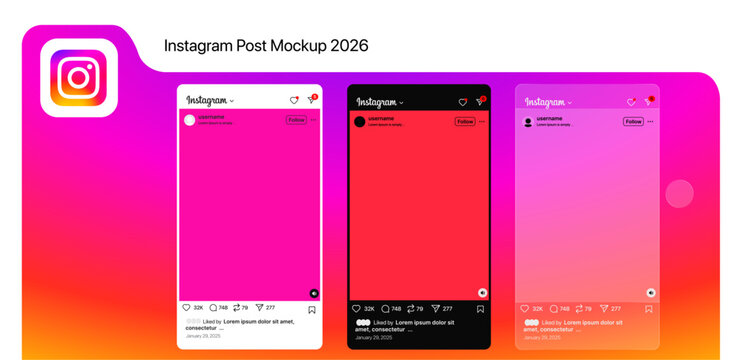 Instagram Post Mockup 2026. UI mockup design for Instagram social media app with modern white interface profile layout, vector illustration template for social media presentations on gradient backgrou
