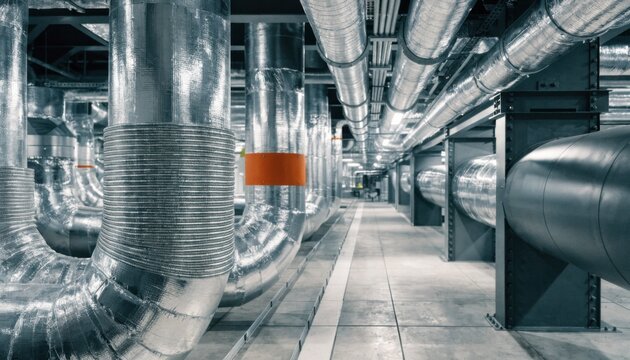 Medium shot of insulated piping in an energyefficient fab utilities corridor highlighting the sleek infrastructure designed for lowpower tool operation and heat recovery