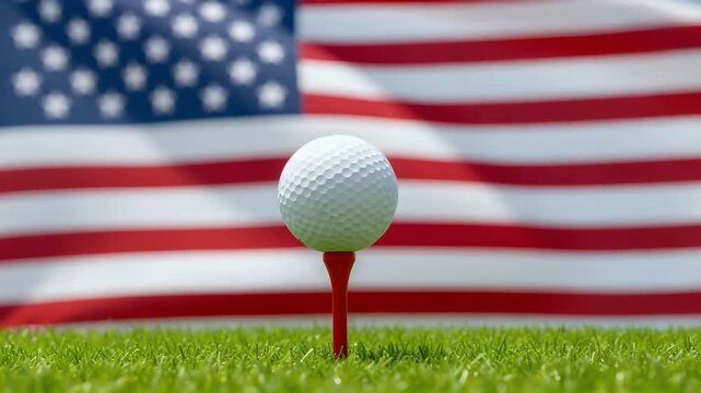 Pristine white golf ball perfectly poised on a vibrant red tee, resting on lush green grass with the iconic American flag waving proudly in the background, symbolizing patriotic sport.