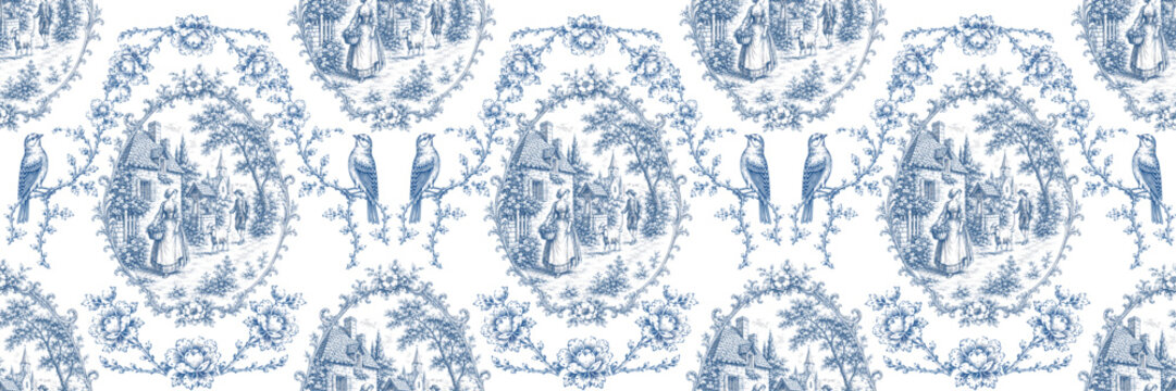 Vintage blue toile seamless pattern with pastoral village scenes, birds and ornate floral frames. Elegant french style design for wallpaper, textile, wrapping paper, decor and print 