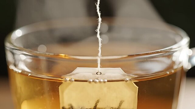 Steaming Hot Tea Bag Brewing in a Clear Glass Mug Close Up.