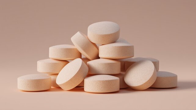 ベージュ色の錠剤が積み重なっている状態。健康やサプリメントのイメージ素材に適したクローズアップ写真