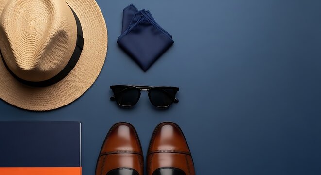 Sophisticated mens fashion accessories flat lay with brown leather shoes straw hat sunglasses and pocket square on navy blue.