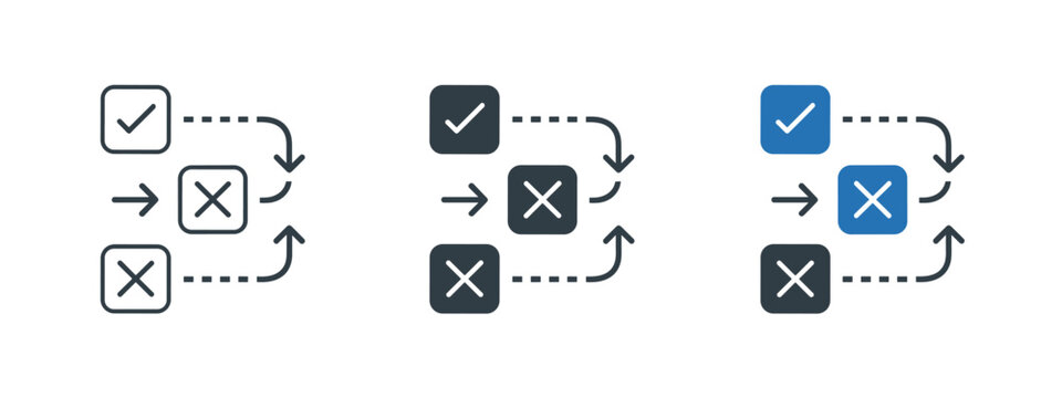 Three flowchart showing process steps with checkmarks and crosses in dark gray blue and black
