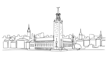 Obraz premium Stockholm City Hall Skyline Sketch - Scandinavian Architecture Landmark