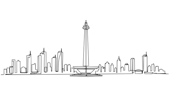 Jakarta skyline illustration, Monas tower, modern skyscrapers, minimalist line art