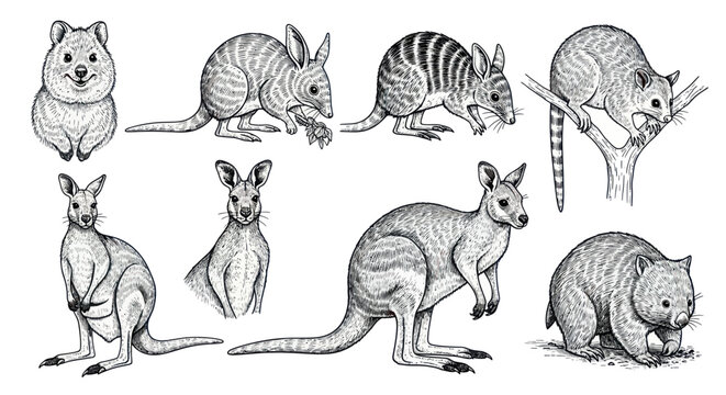 Australian Wildlife Collection: Kangaroo, Koala, Wombat, Quokka, Possum Illustrations