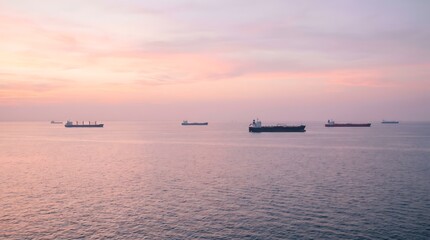 Fototapeta premium Large cargo ships and oil tankers on calm sea at sunset with pink sky reflecting on water for maritime logistics and global trade.
