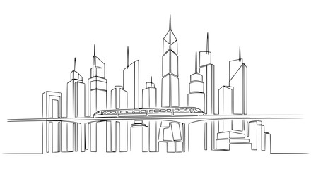Obraz premium Modern City Skyline with Monorail Train - Continuous Line Drawing